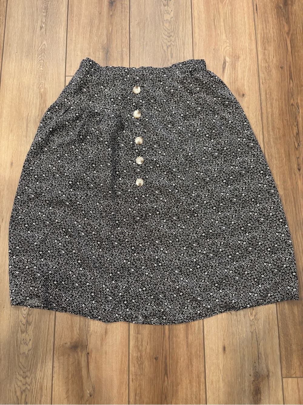 Black Floral Midi Skirt with Front Button Detail